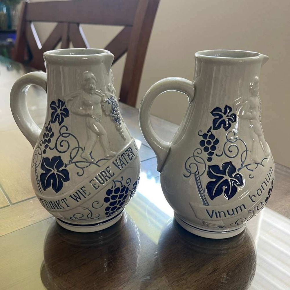 Vintage German Stoneware Wine Pitchers Set of 2 Relief Decor Blue Accent